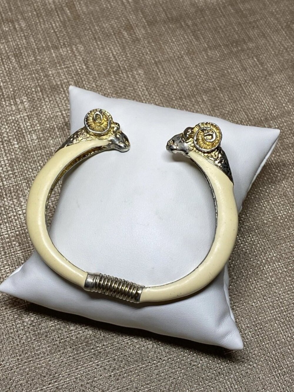 Vintage Stannard Ram Head Cuff Bracelet Cream Gold Tone Statement Jewelry
